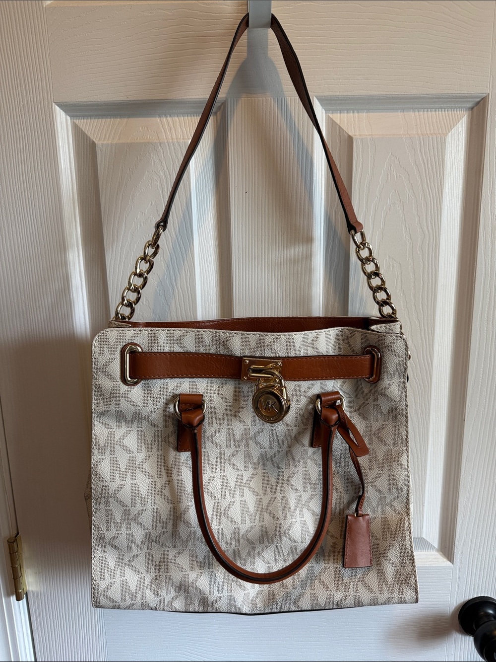 Michael Kors Cream Logo Tote with Brown Trim and Gold Hardware